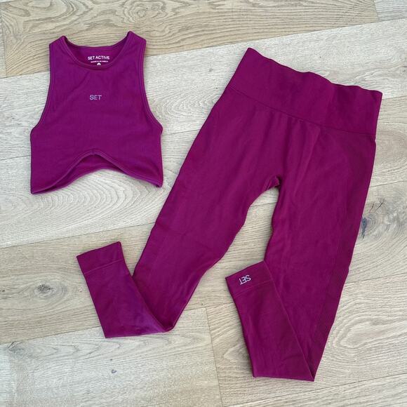 SET Active Pants - Set Active - High Neck Crop Sports Top and Leggings in Red Fuchsia